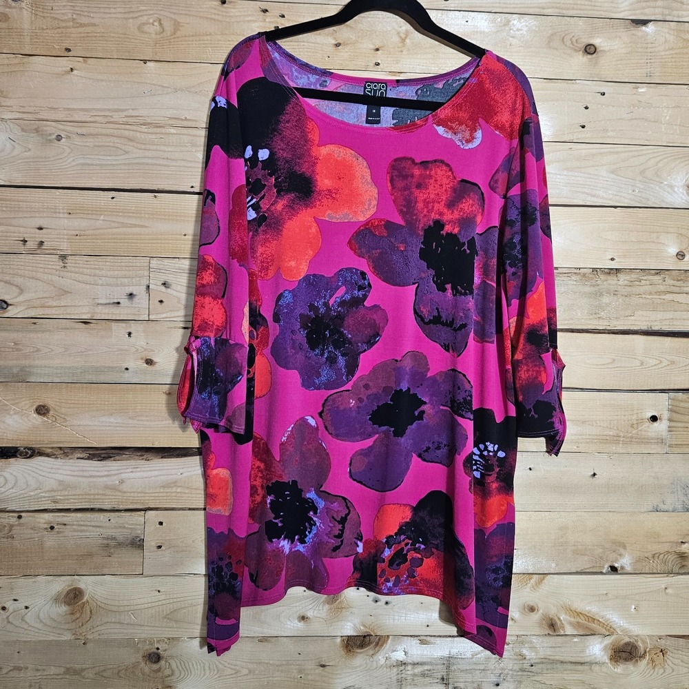Clara Sun Woo Tunic Top Womens 1X Pink Floral 3/4 Sleeves Stretch Knit Art